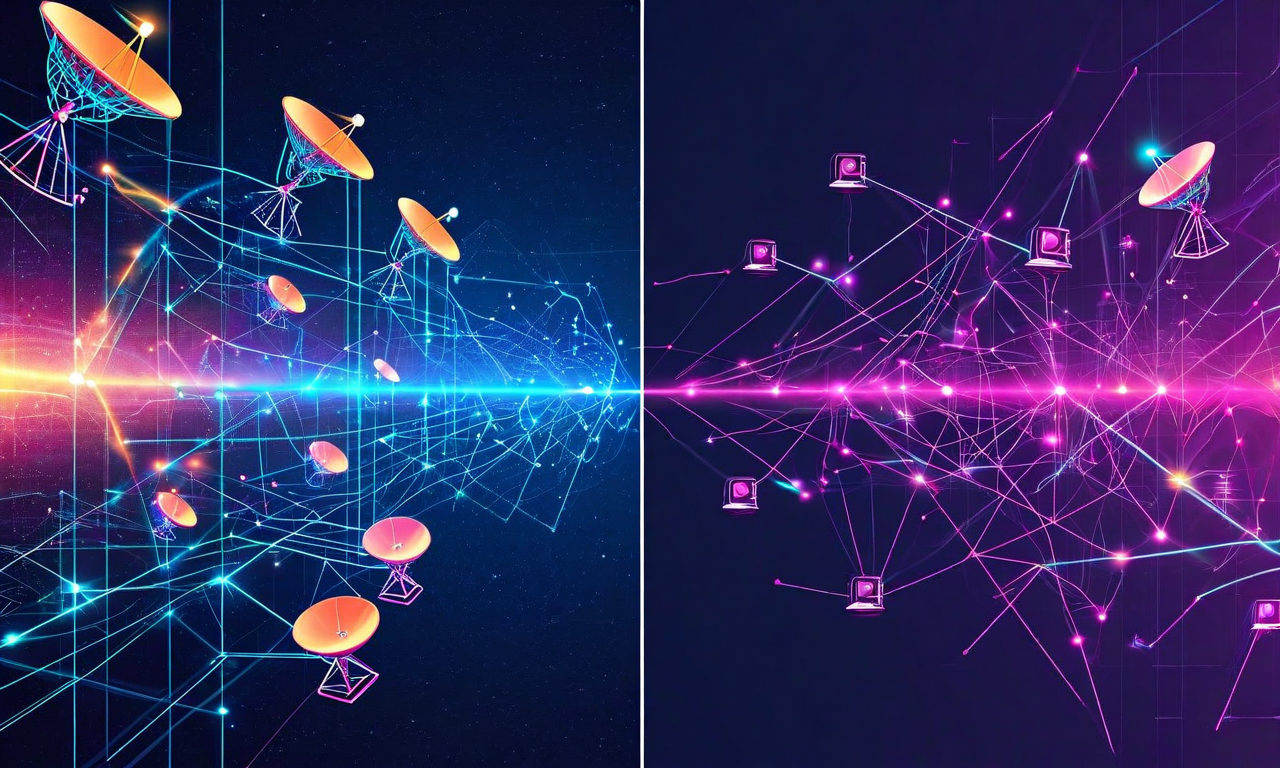 Conceptual illustration comparing SETI@home's centralized distributed computing model with radio telescopes to Autoresearch@home's autonomous AI agent network, showing the evolution from uniform data processing to diverse experimental pathways in distributed machine learning research