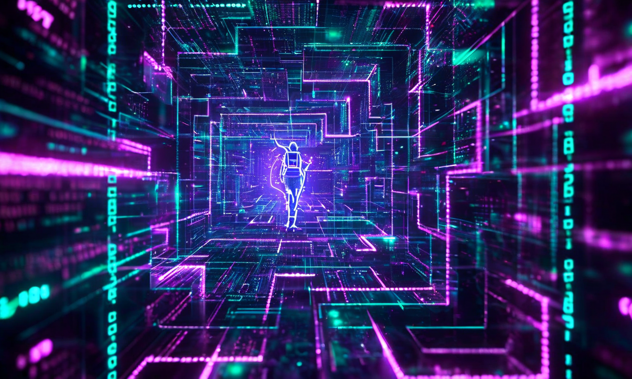 大規模コードベースの複雑性を表現した抽象的なデジタルビジュアル。複数のファイルやモジュールが絡み合い、ネオンカラーで光る接続線で結ばれている。中央には迷路のような構造に直面する開発者の姿が描かれており、認知負荷と複雑性の課題を視覚化している。