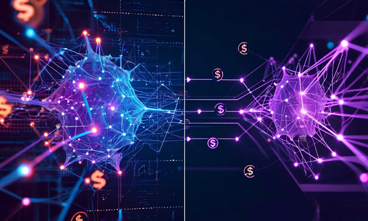 Split-screen illustration comparing a large complex AI neural network with cost indicators on the left to a streamlined efficient smaller model on the right, connected by a transformation arrow, representing AI model distillation and cost optimization