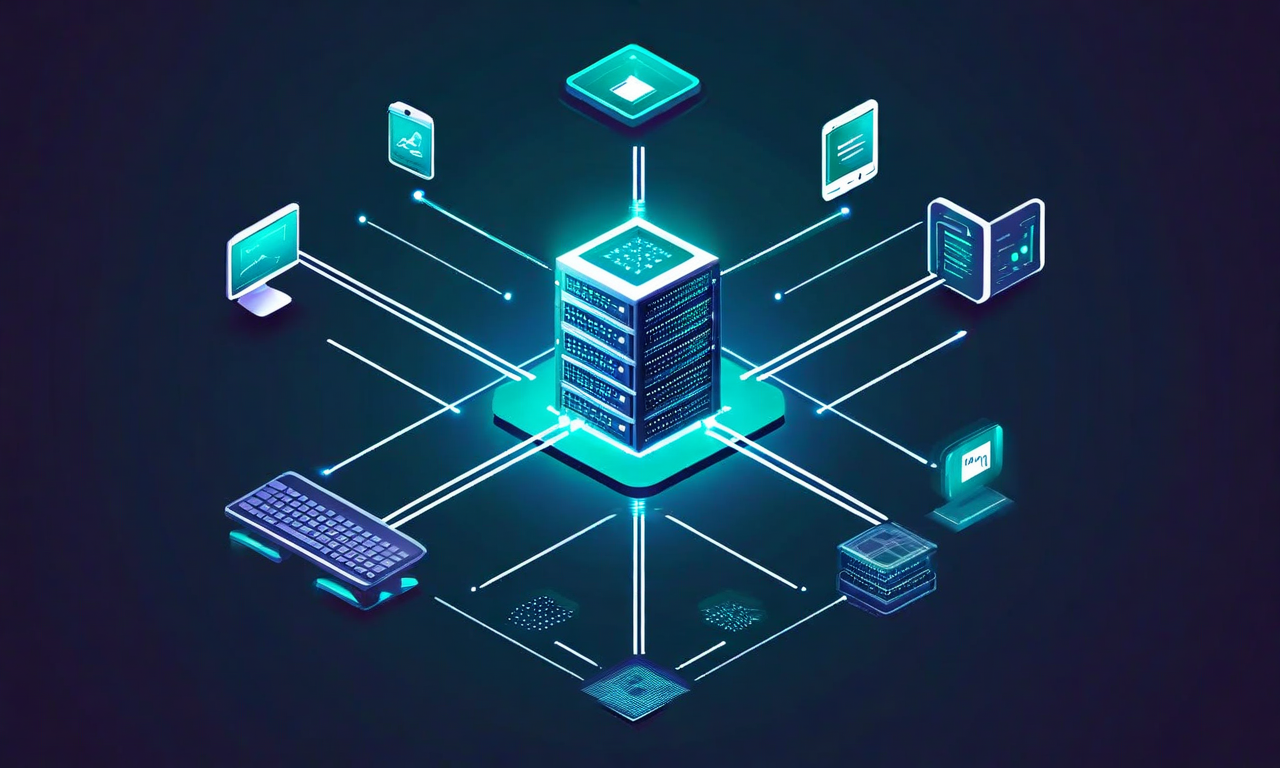 A technical illustration showing a central code element branching out to five platform icons representing server, web, desktop, Android, and iOS, connected by glowing pathways symbolizing unified cross-platform development