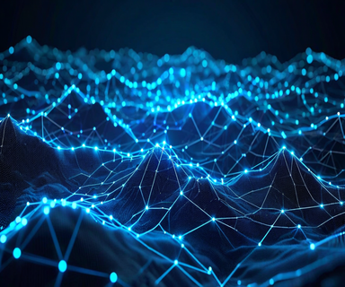 Illustration of a decentralized Bluetooth mesh network with interconnected glowing nodes forming a web pattern over topographic terrain, representing peer-to-peer team tracking without central infrastructure