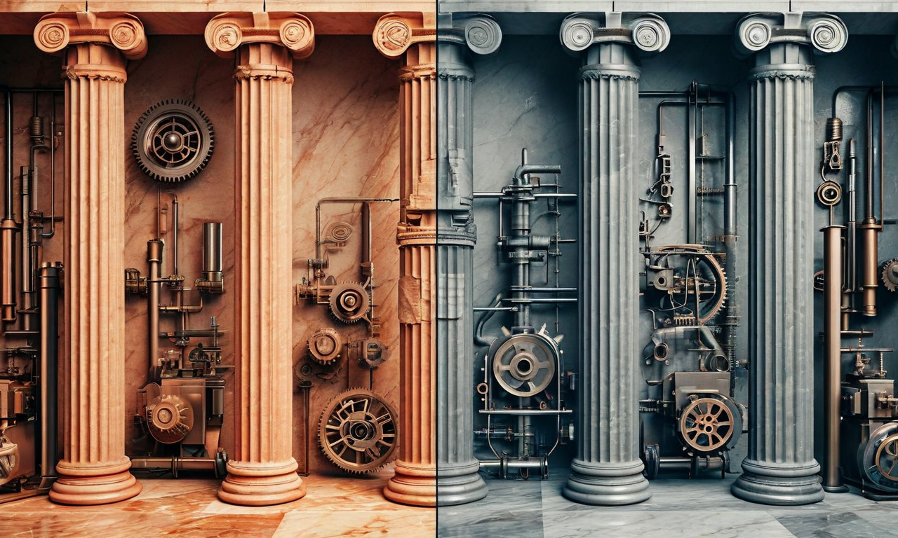 Split composition showing ancient Roman engineering elements blending with industrial revolution machinery, illustrating the gap between theoretical knowledge and technological capability across different eras