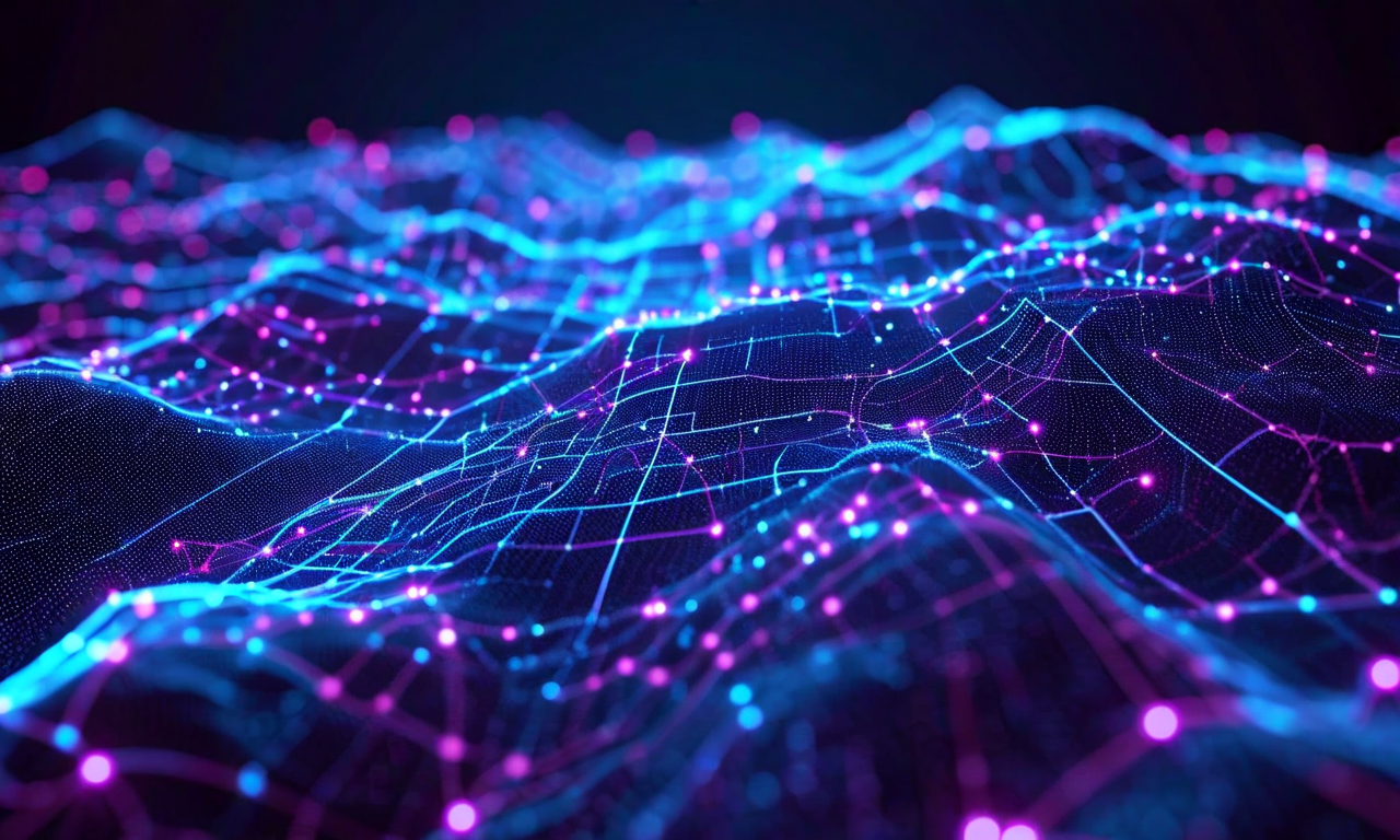 Potatoプラットフォーム上でのGIS操作を表現した未来的なビジュアル。複数の地図レイヤー、座標グリッド、地形等高線、データポイントが青とシアンの光で輝いている。空間解析、ベクトルデータとラスタデータレイヤー、リアルタイムデータストリームが流れる様子を示している。ホログラフィック風の地図投影と相互接続されたデータノードが、高度な地空間コンピューティングと空間データ処理の概念を視覚化している。