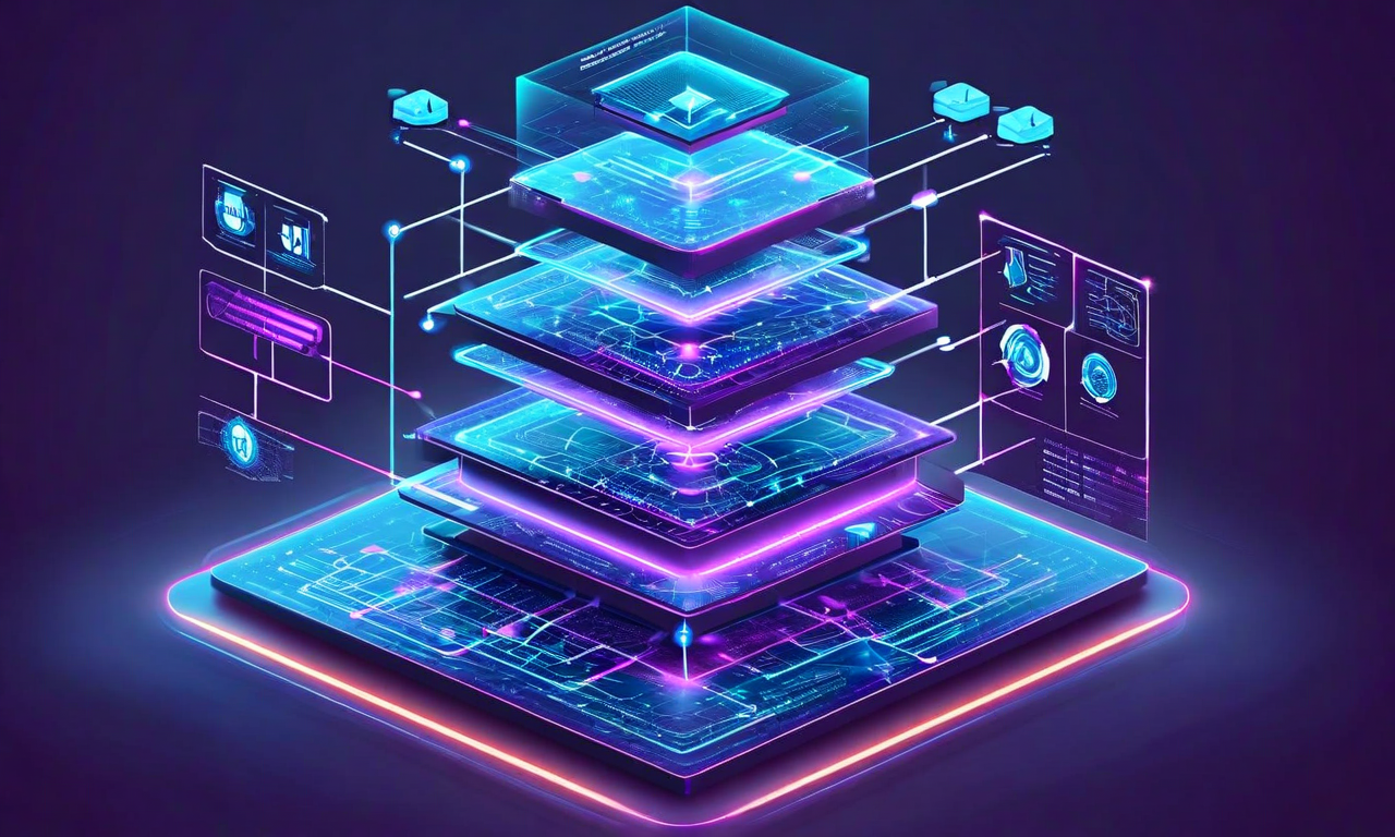 マッピング機能の実装アーキテクチャを示す技術図。下部のデータソースから上部へ向かう4つのレイヤーが積み重ねられており、シンボロジー層では地図記号とアイコンが表示され、スタイル適用層ではカラーグラデーションと視覚効果が適用され、レンダリングパイプライン層では幾何学的変換が行われている。各レイヤー間は発光する接続線で結ばれており、地理データがどのように処理段階を通じて変換されるかを表現している。