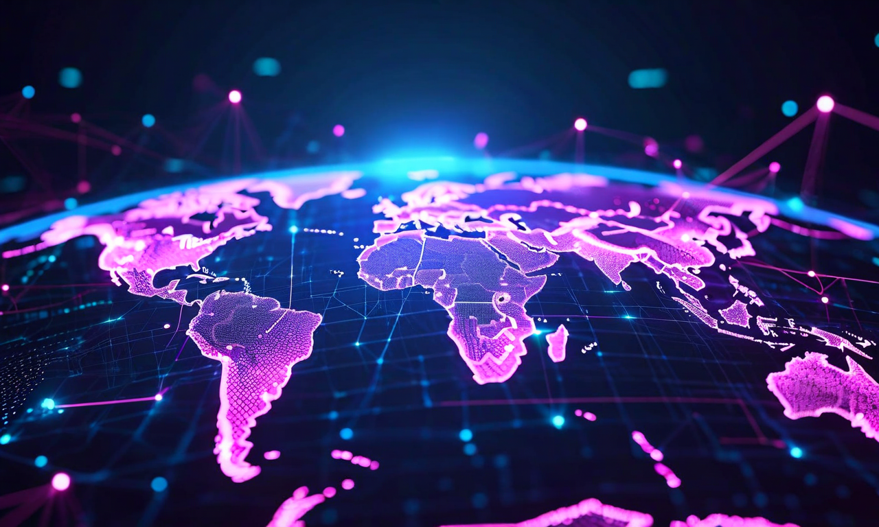 GIS機能拡張の未来的なビジュアル。AI解析による地理データの処理、リアルタイムデータ統合、クラウド連携、IoTセンサーネットワークが相互接続された様子を表現。ホログラフィック地図表示、発光するデータノード、デジタル地球表現、抽象的なデータビジュアライゼーション要素が含まれている。