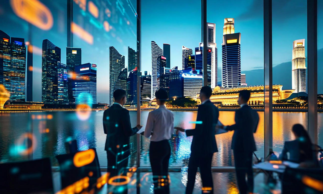 Singapore's modern skyline with professional workers collaborating around holographic AI interfaces, representing the integration of artificial intelligence technology with workforce development and productivity enhancement