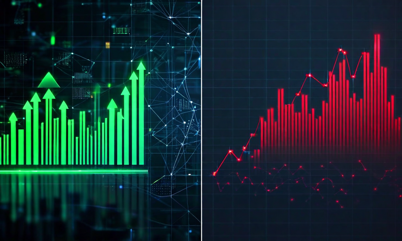 Split composition showing upward trending profit charts in green contrasted with declining stock price graphs in red, connected by semiconductor chip patterns and AI network nodes, illustrating the paradox between strong earnings growth and negative market reaction