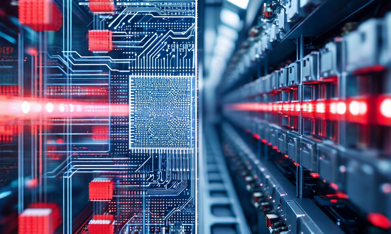 Split composition showing semiconductor memory chips and manufacturing materials connected by flowing lines, representing SK Hynix's strategic partnership with Japan's memory industry supply chain