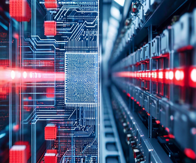 Split composition showing semiconductor memory chips and manufacturing materials connected by flowing lines, representing SK Hynix's strategic partnership with Japan's memory industry supply chain