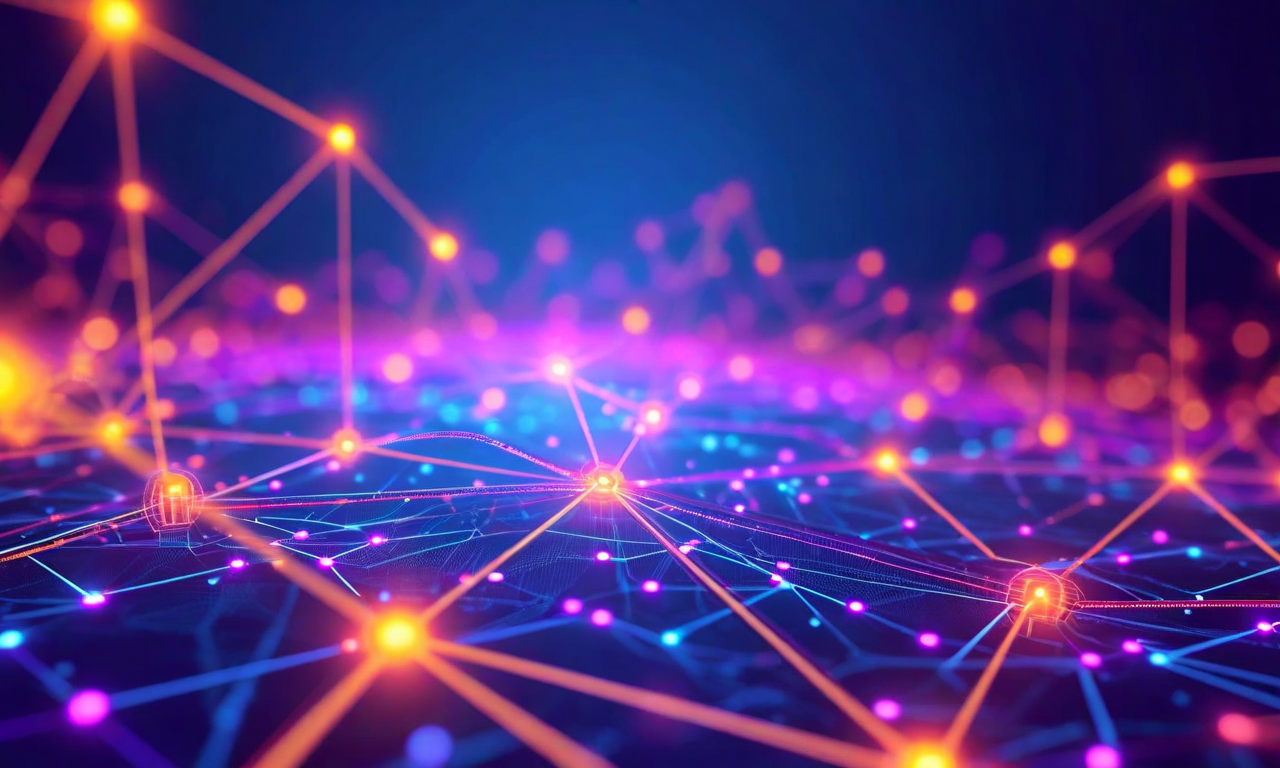 A technical visualization of a graph neural network with interconnected nodes and colored edges, featuring a central neural network structure that routes information dynamically through different pathways, representing semantic relationship processing in labeled property graphs