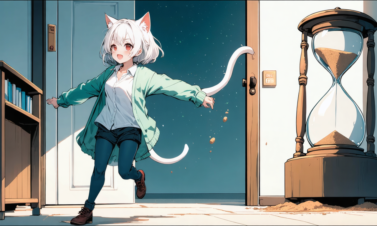 タイマーを差し出すものの、まだ設定していないおばけ風キャラクターと、スマホ型クッションを抱える10代の子、心配そうな親。そこへ巨大な砂時計が飛び込んできて驚くネコさん。