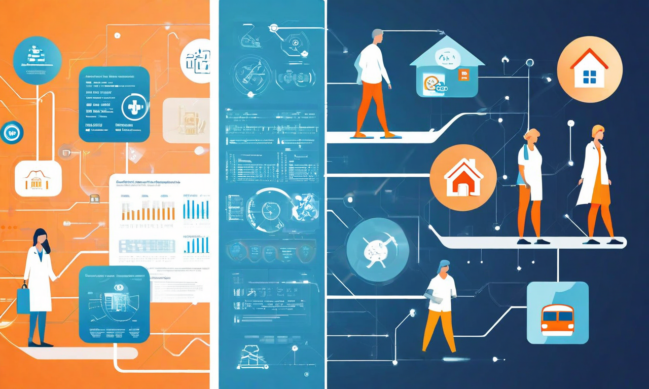 Split illustration showing medical diagnostic codes and digital data on one side connecting to social determinant icons including housing, food, and community on the other side, representing the intersection of healthcare systems and social factors