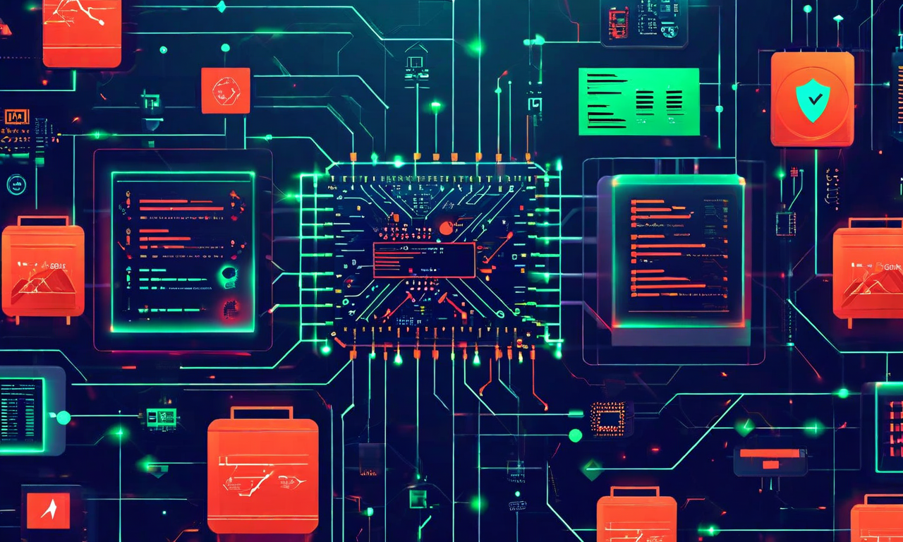 推論システムのリスク要因と緩和戦略を視覚化した図。レイテンシスパイク（赤い稲妻）、GPU障害（エラー記号付きの回路基板）、メモリ不足（溢れるデータコンテナ）、スケーリング限界（ボトルネックノード）の4つのリスク要因が表示され、各リスク周辺に保護シールドと緑色のチェックマークで緩和戦略が示されている。深青色の背景に赤、緑、オレンジの配色で構成されたテクノロジー系の図解。
