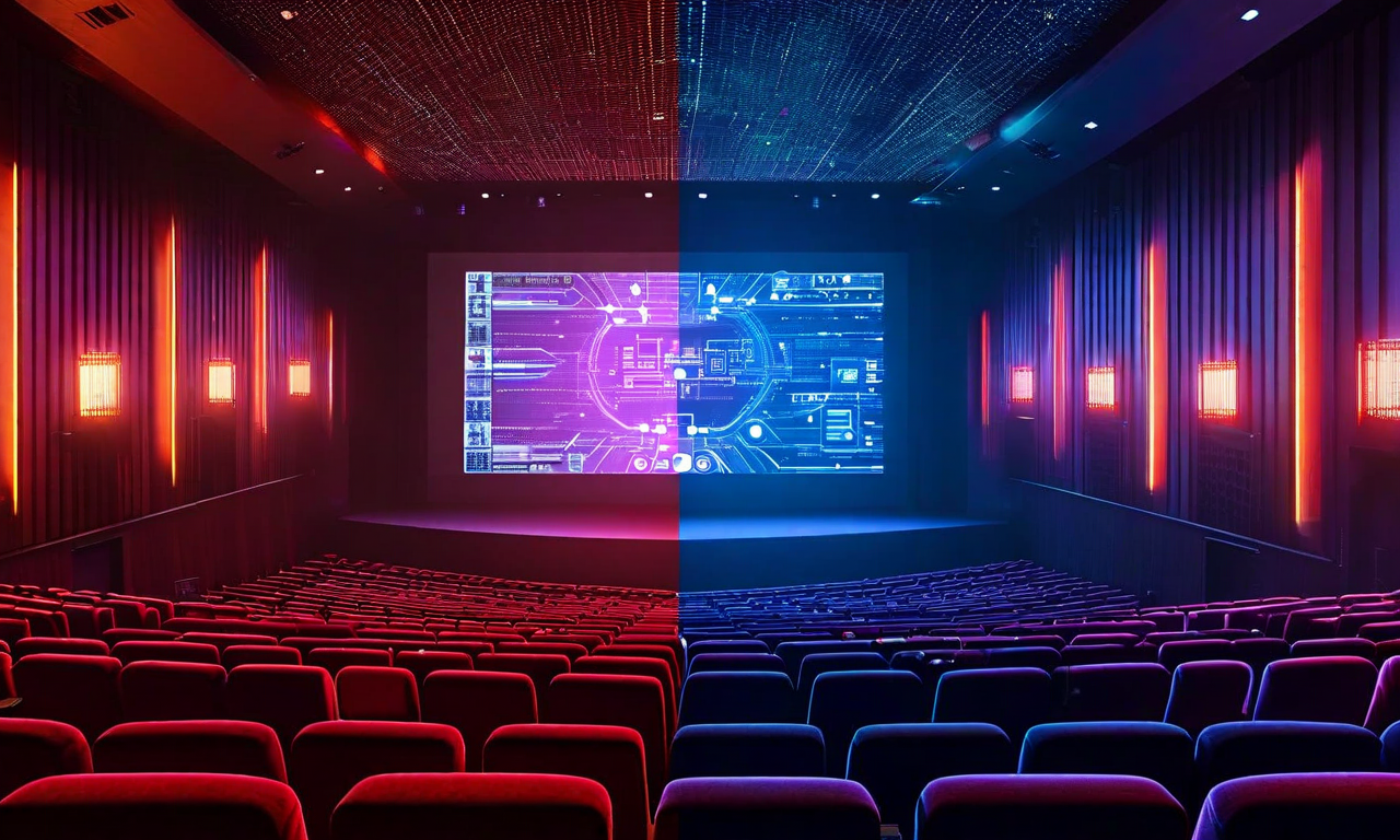 Split-screen image showing an empty movie theater with red seats on the left transitioning to digital streaming and AI technology visualization on the right, representing South Korea's film industry shift from traditional cinema to digital platforms