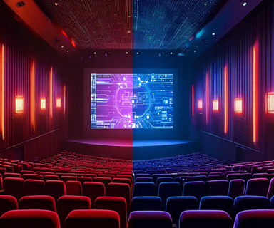 Split-screen image showing an empty movie theater with red seats on the left transitioning to digital streaming and AI technology visualization on the right, representing South Korea's film industry shift from traditional cinema to digital platforms