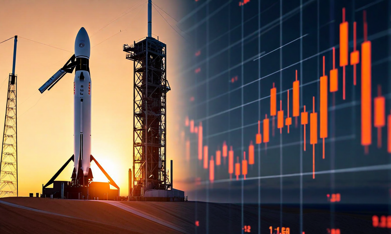 SpaceX rocket on launch pad transitioning into abstract financial charts and investment graphics, representing the company's potential initial public offering and investor briefings