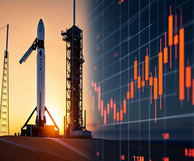 SpaceX rocket on launch pad transitioning into abstract financial charts and investment graphics, representing the company's potential initial public offering and investor briefings