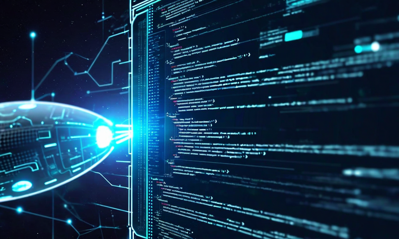 Split composition showing AI-enhanced code editor interface connected to spacecraft imagery through digital data streams, representing SpaceX's acquisition of Cursor AI coding tool