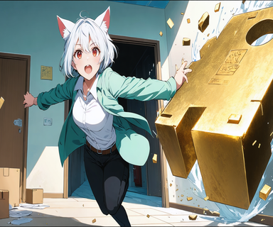 小さなロケット型の配達トラックの前に、巨大な箱の山と大きな鍵を差し出す金庫型のキャラクターが並び、そこへネコさんが巻き込まれている様子のイラスト。