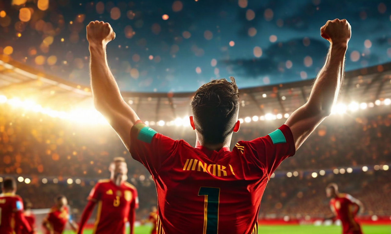 Spanish football player celebrating victory with raised arms in a stadium during extra time, with teammates approaching and crowd in background under dramatic lighting