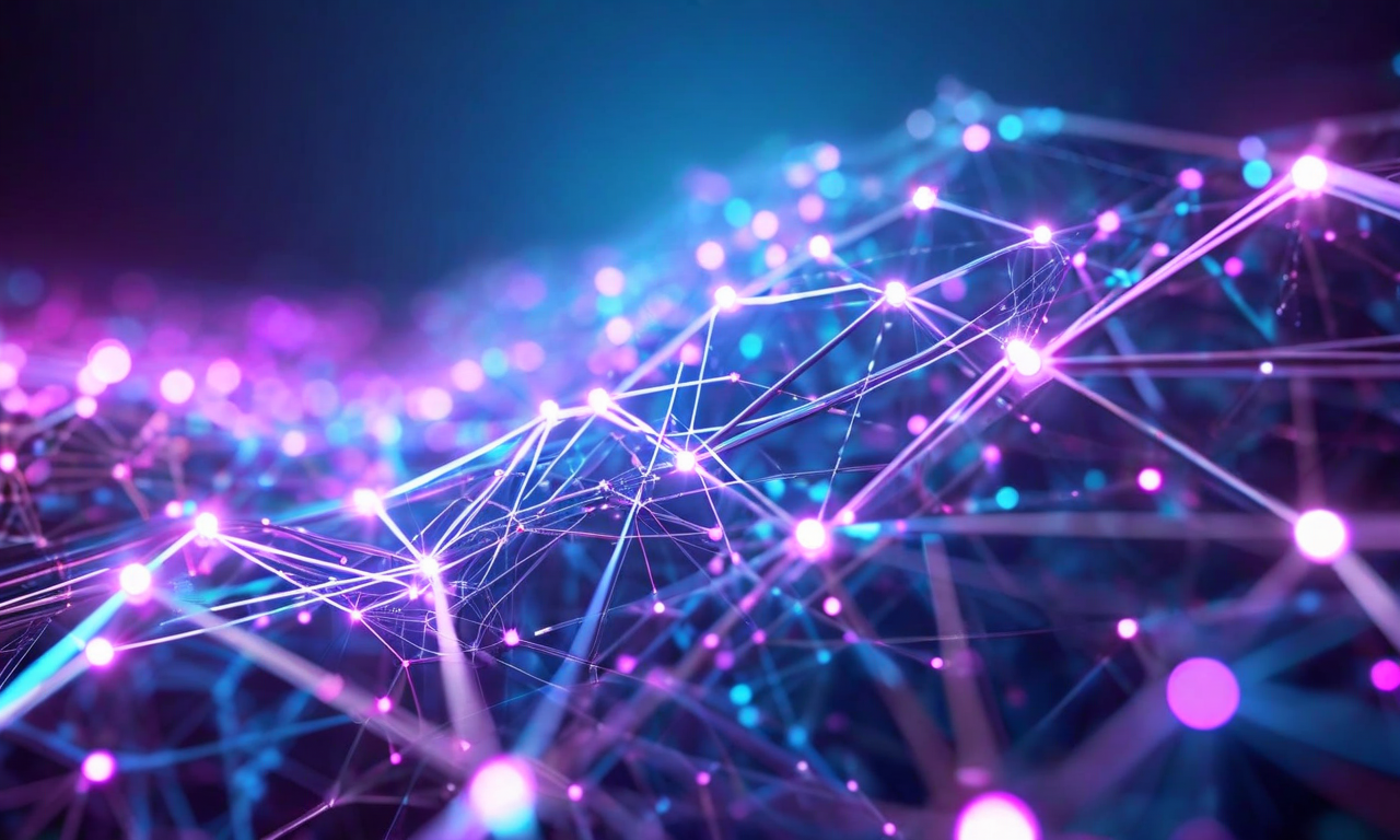 Abstract visualization of a neural network being compressed, showing interconnected nodes transforming from a dispersed structure into a compact, efficient geometric form with glowing pathways in blue and cyan tones