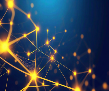 Abstract visualization of neural network layers showing selective neuron activation patterns, with some nodes brightly illuminated in golden yellow against a blue background, representing sparse measurement in Forward-Forward learning architecture