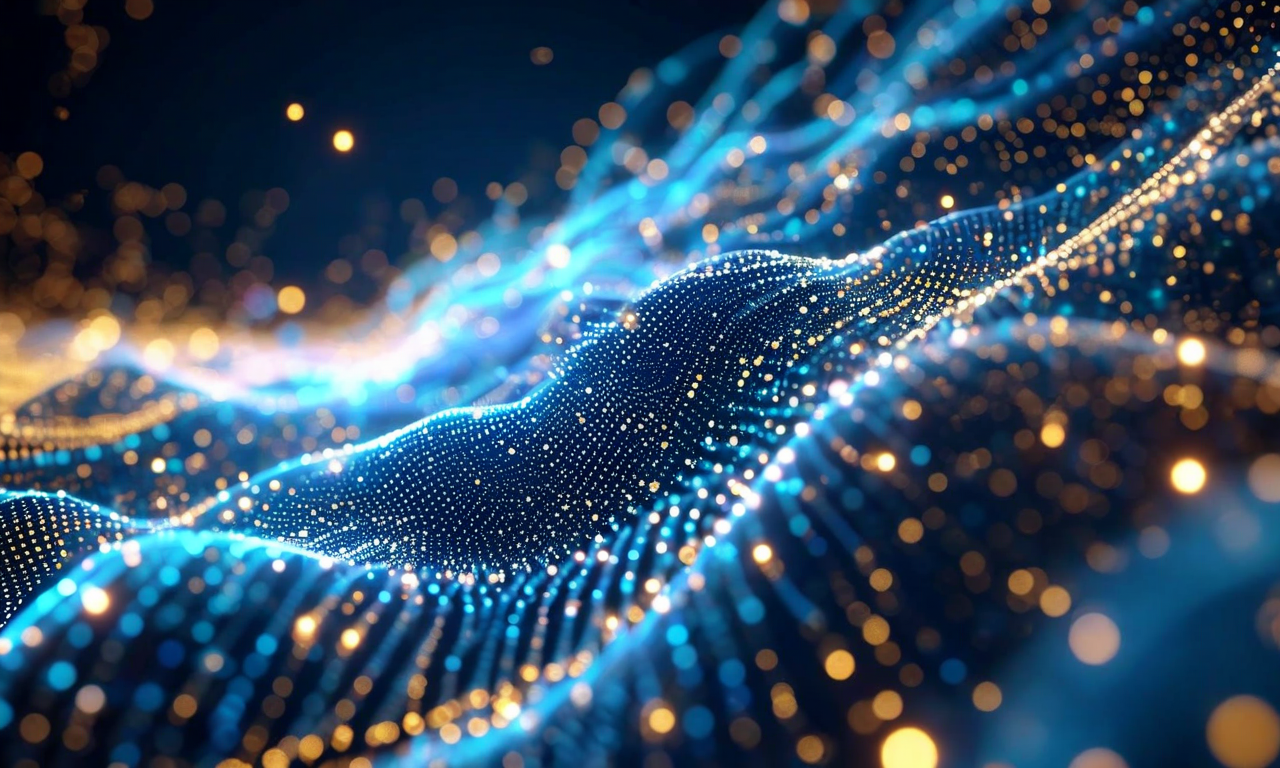 確率微分方程式による連続的な生成プロセスを表現した抽象的なビジュアライゼーション。時間軸に沿って多数の粒子が確率的に拡散しながら進化し、ノイズによるランダムな動きと決定論的なドリフトが相互作用する物理的システムを示している。粒子は発光し、軌跡を残しながら連続的に変換・進化していく様子が表現されている。