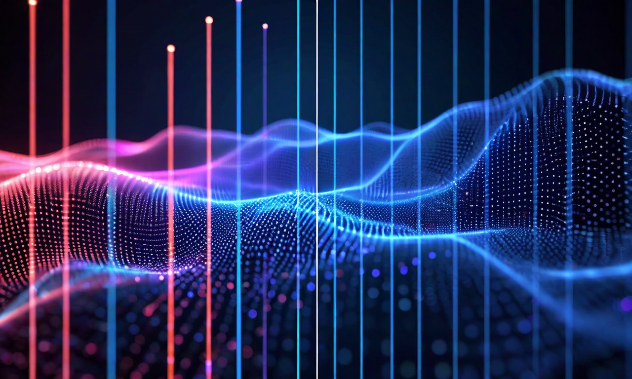 Abstract visualization contrasting discrete transformer architecture with grid-like nodes and connections on the left, transitioning to smooth continuous wave patterns representing spectral flow models on the right, set against a dark background with blue and cyan gradients
