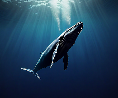 A sperm whale floating vertically in deep ocean water with streams of bubbles rising around its body, demonstrating the sleeping posture and bubble release mechanism that allows the whale to drift toward the surface