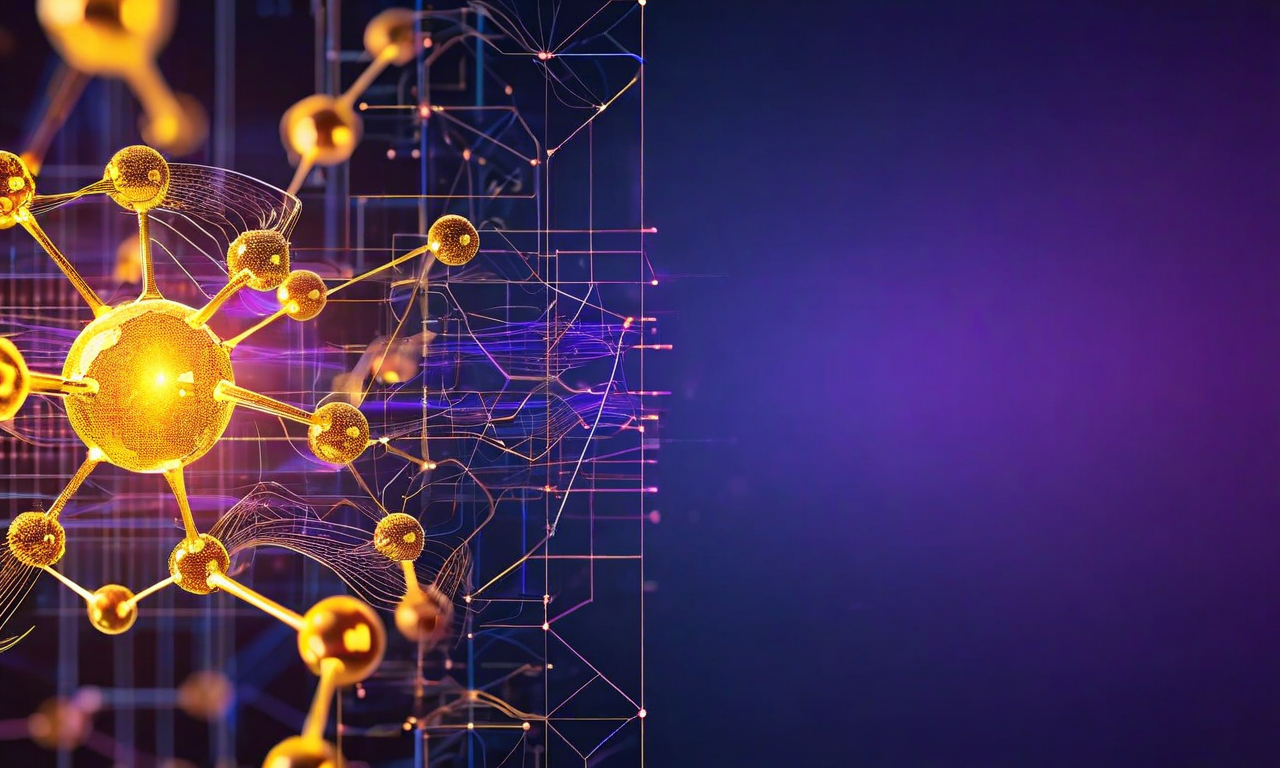 Split composition showing an iron-sulfur molecular cluster structure on the left meeting abstract quantum computing visualization with circuit patterns and wave functions on the right, representing quantum chemistry simulation
