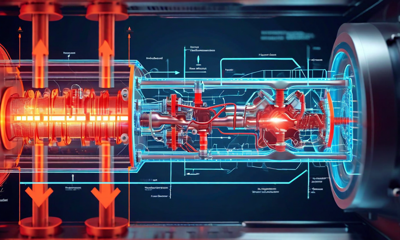 スターリングサイクル機関の動作原理を示す技術図。左側の熱源(赤色)と右側の冷却源(青色)の間で作動ガスが循環する様子を描いており、圧縮・膨張プロセス、ピストンの機械的動き、機械的クリアランス空間、および熱勾配が視覚化されている。矢印で気体の流れの方向を示し、内部構造が透視図で表現されている。