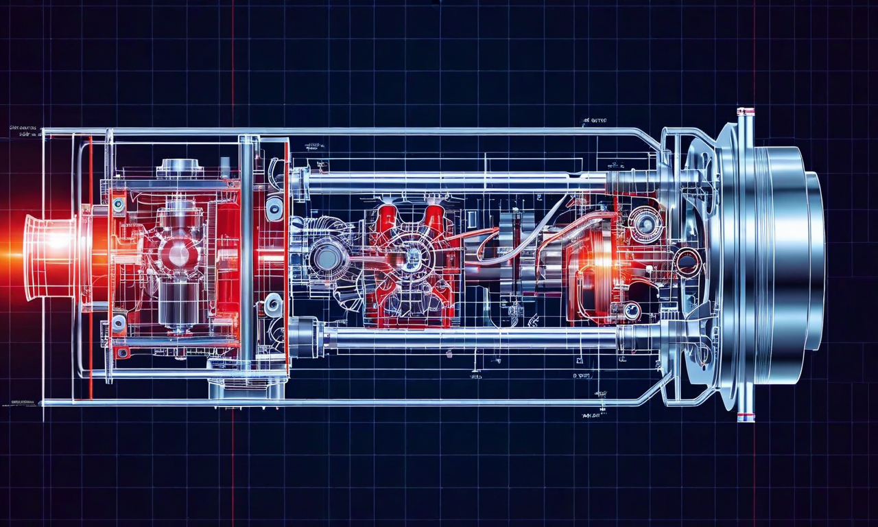 Technical cross-section illustration of a Stirling cycle engine showing internal chambers, pistons, and thermal gradient visualization with red and blue color coding to represent hot and cold zones