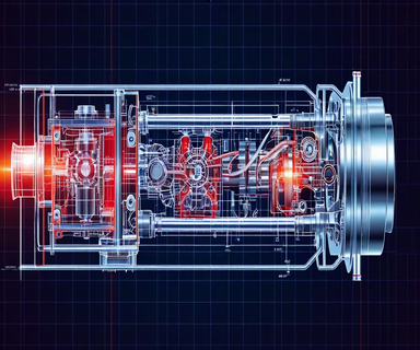 Technical cross-section illustration of a Stirling cycle engine showing internal chambers, pistons, and thermal gradient visualization with red and blue color coding to represent hot and cold zones