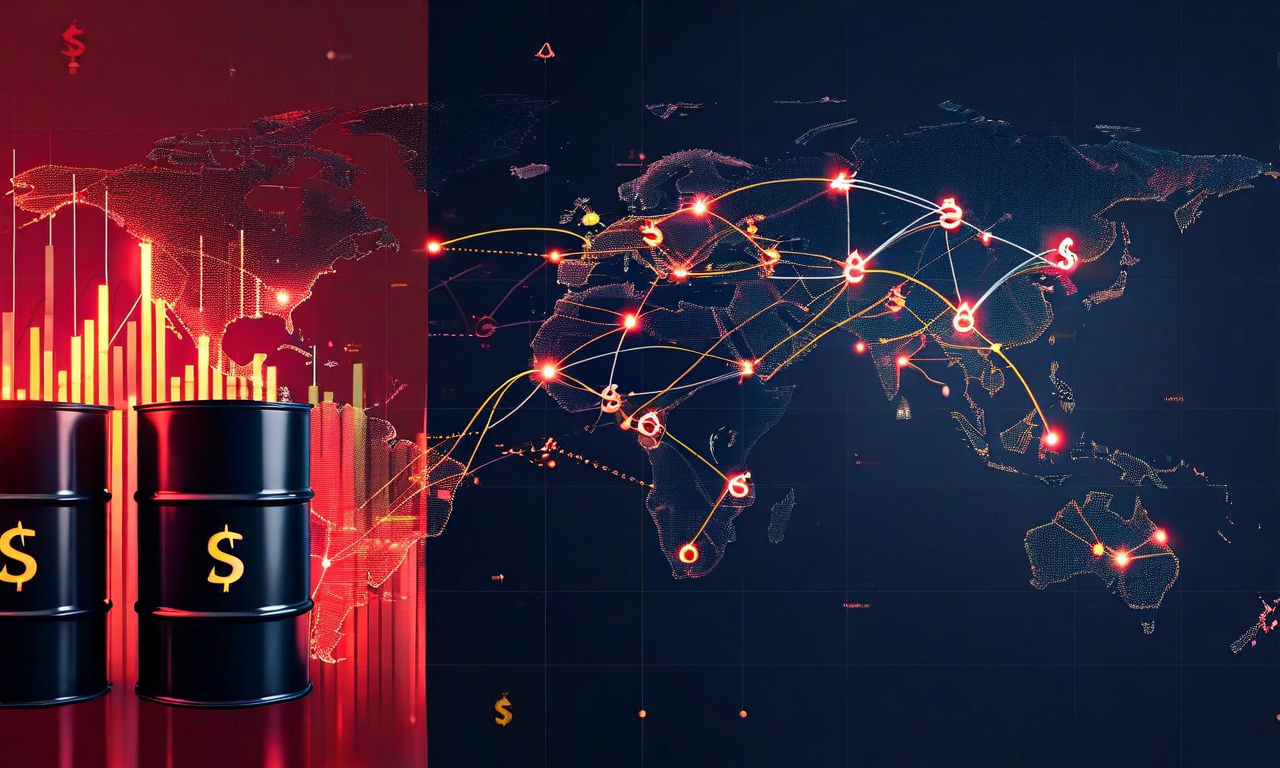 Split visualization showing oil price increases on one side connected through currency flows and supply chain networks on the other, illustrating how Iran conflict-driven supply shocks propagate through interconnected global economic transmission channels