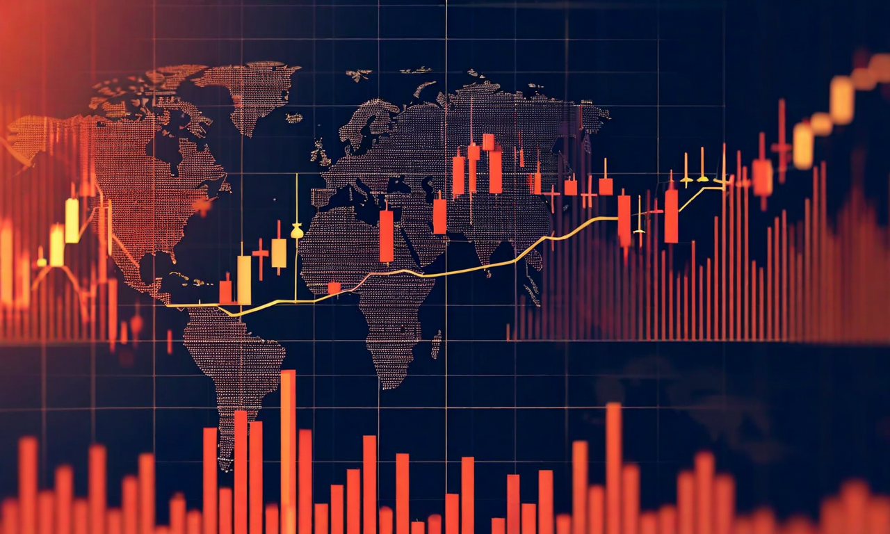 Split visualization showing declining stock and bond markets on the left in red tones contrasted with rising crude oil prices on the right in golden tones, with a world map in the center indicating geopolitical tensions affecting financial markets