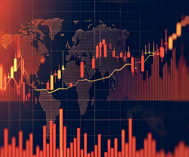 Split visualization showing declining stock and bond markets on the left in red tones contrasted with rising crude oil prices on the right in golden tones, with a world map in the center indicating geopolitical tensions affecting financial markets