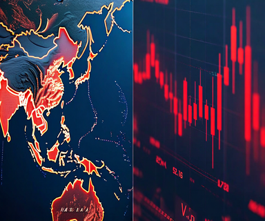 Split composition showing the Strait of Hormuz region with shipping routes on one side and declining stock market charts with rising volatility indicators on the other, illustrating the connection between geopolitical uncertainty and market movements