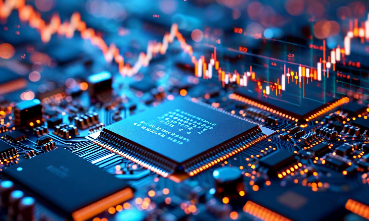 Semiconductor computer chips with circuit board details in the foreground overlaid with downward-trending financial market graphs, rendered in professional blue and metallic tones representing the March 2026 chip sector market correction