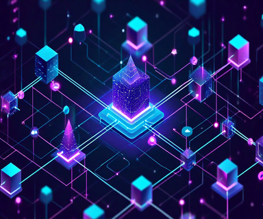 Isometric digital illustration showing an AI routing infrastructure hub with multiple pathways connecting to different geometric shapes representing AI models, with flowing data streams in blue and purple tones