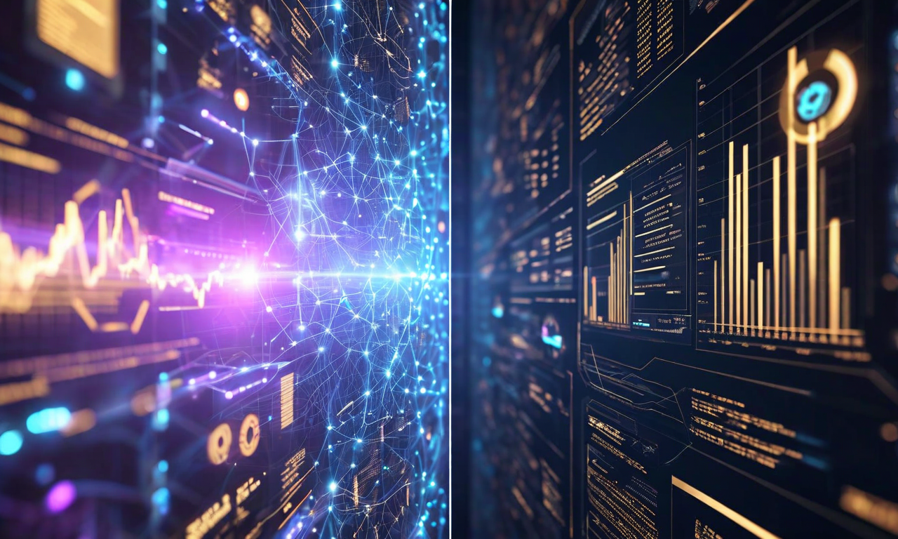 Split composition contrasting ethereal AI neural networks and futuristic concepts on one side with concrete business elements like financial charts and payment systems on the other, representing the gap between singularity narrative and business reality in tech acquisitions