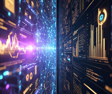 Split composition contrasting ethereal AI neural networks and futuristic concepts on one side with concrete business elements like financial charts and payment systems on the other, representing the gap between singularity narrative and business reality in tech acquisitions