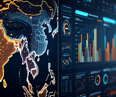 Split-screen visualization showing a connected world map with US-China trade routes on one side and modern business intelligence dashboards with data analytics on the other, representing the commercialization of geopolitical intelligence