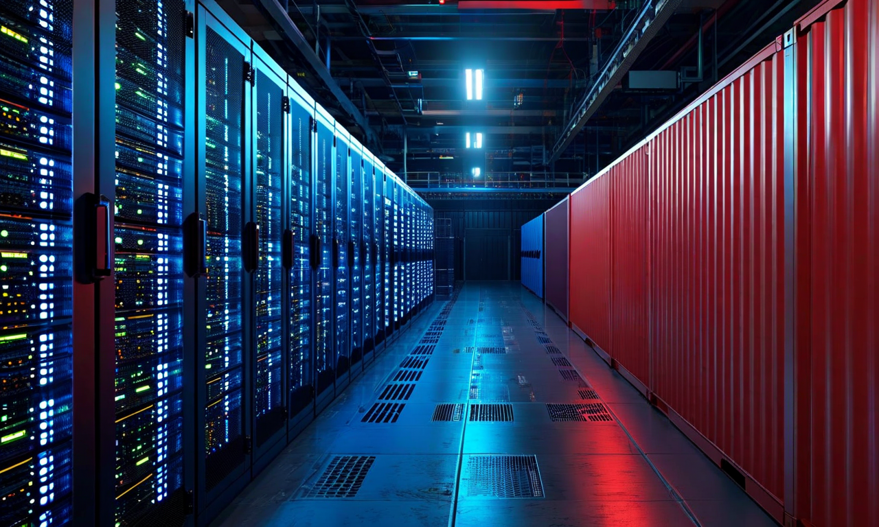 Split composition showing illuminated server racks and AI computing infrastructure on one side contrasted with shadowy shipping containers on the other, representing the illegal export of advanced technology