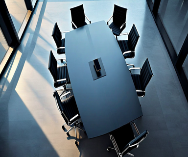 Aerial view of a modern corporate boardroom with a conference table and chairs, one chair pulled out, symbolizing new board appointment and corporate governance