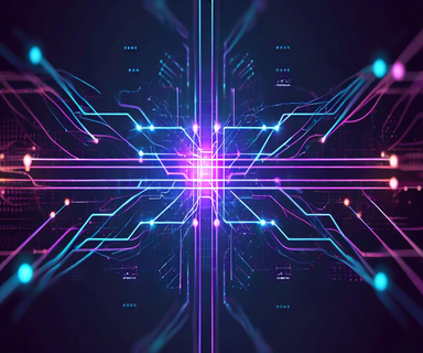 Technical illustration of a neural network gating mechanism showing a central control hub routing data through four distinct expert pathways, visualized with glowing connections and flowing data streams in blue and purple tones