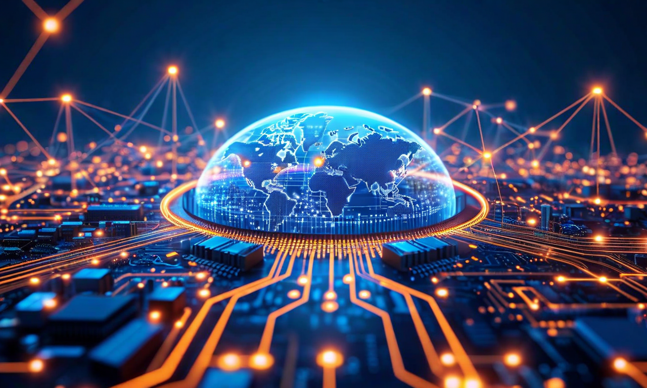 台湾とアメリカの半導体製造パートナーシップを象徴するビジュアル。両国を結ぶ光の通路、製造施設、回路基板パターン、グローバルなサプライチェーンネットワークが表現されている。地政学的な安定性と経済的相互依存を示す相互接続されたノードと、技術革新を表すホログラフィック要素が含まれている。