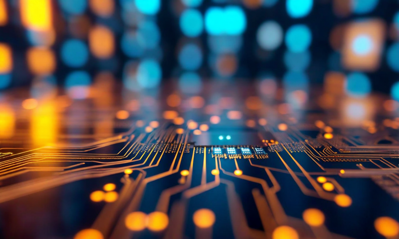 Close-up view of semiconductor display driver integrated circuit on silicon wafer with illuminated display screens softly glowing in the background