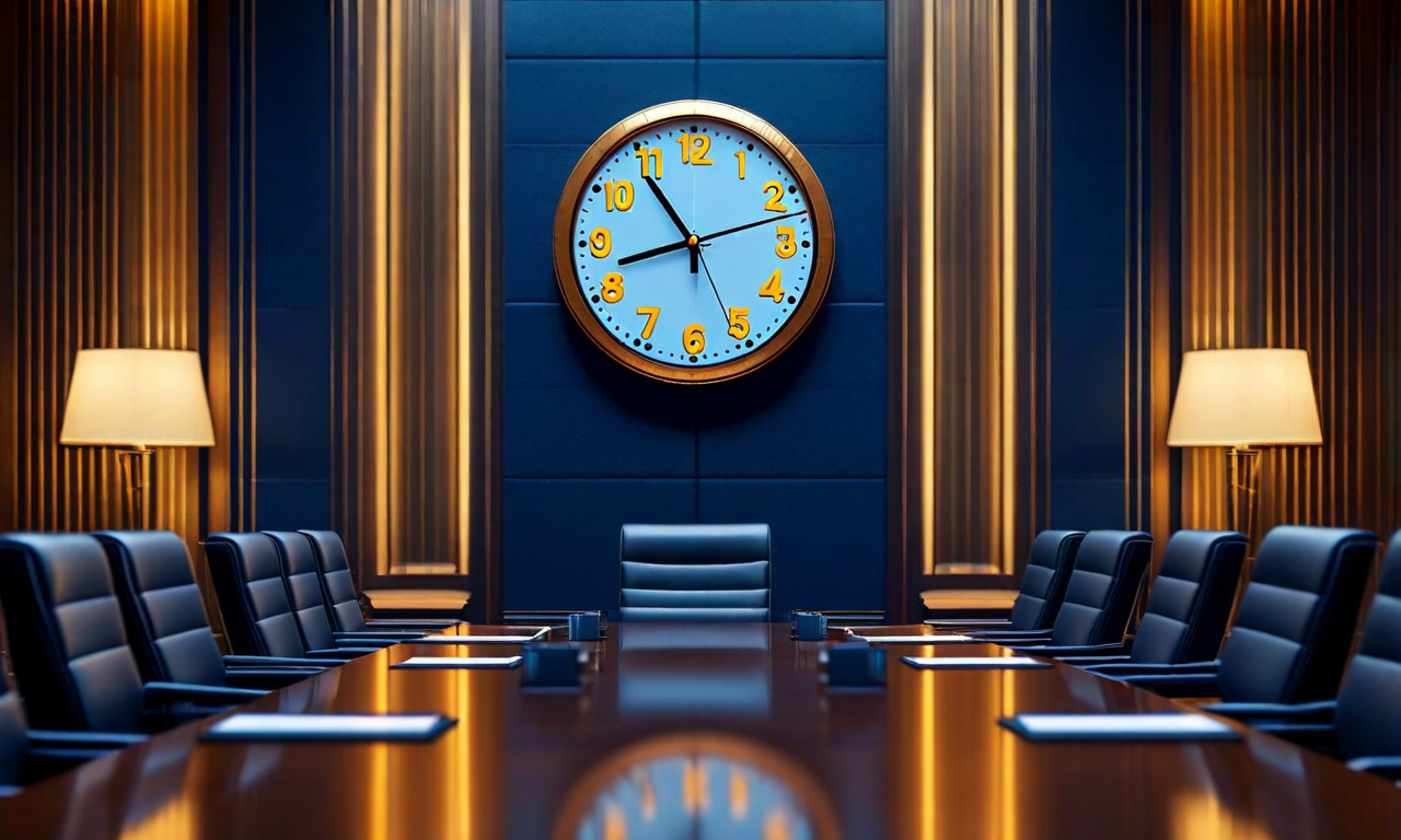 A diplomatic meeting scene showing two time zones represented by clocks and executive chairs facing each other across a table, symbolizing late-night international summit between Japan and the United States
