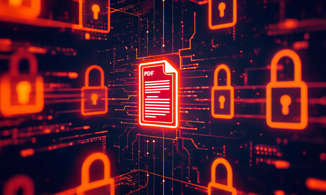 保護されていないPDF文書から浮かび上がるサイバー脅威を表現した画像。中央のPDFファイルアイコンから、赤とオレンジ色のマルウェアコード、データ流出シンボル、破壊されたロック、露出したデータストリームなどの脅威要素が放射状に広がっている。ダークバックグラウンドにネオンアクセントが施された、デジタルセキュリティリスクの概念図。