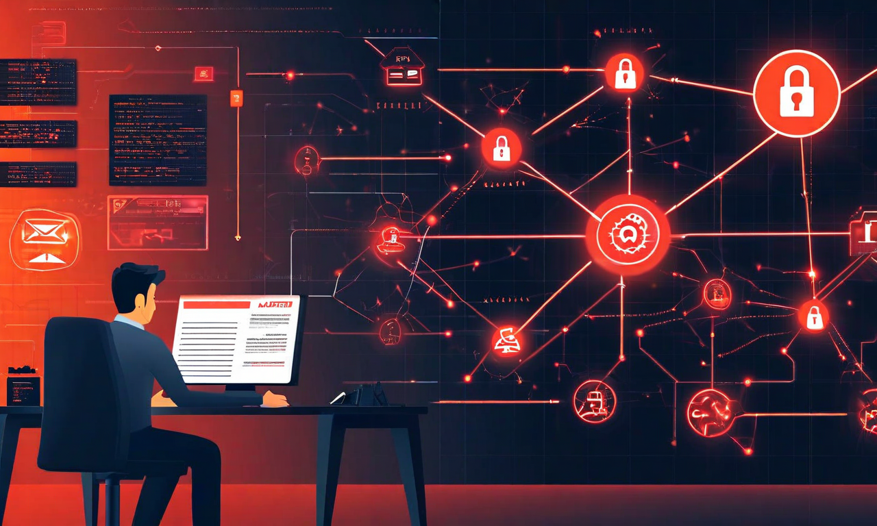 マルウェア配布キャンペーンにおけるPDF悪用の攻撃フロー図。左側に企業の知識労働者がメールで受け取った悪意あるPDFを表示、中央にデータ流出を示すネットワークノードと接続、右側にEmotetやAPT28などの脅威アクターが攻撃インフラを制御している様子を視覚化。赤とオレンジのアクセントで脅威の深刻さを表現。